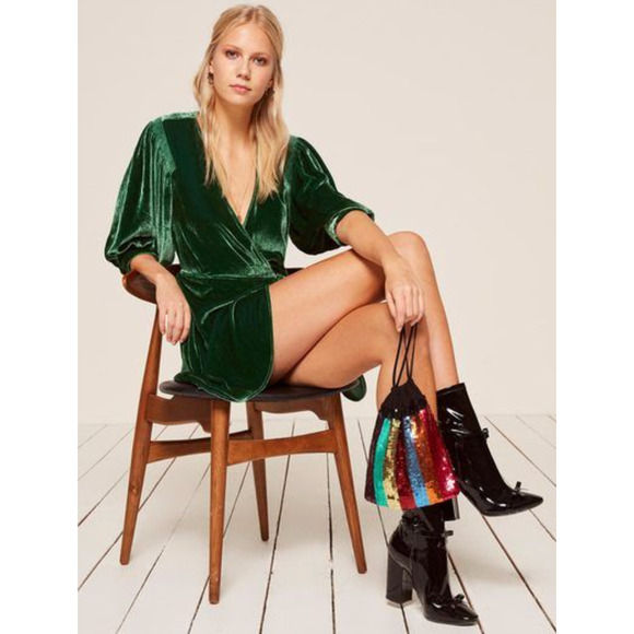 Reformation Starry Green Velvet Long Sleeve Mini Wrap Dress Small - Picture 1 of 6